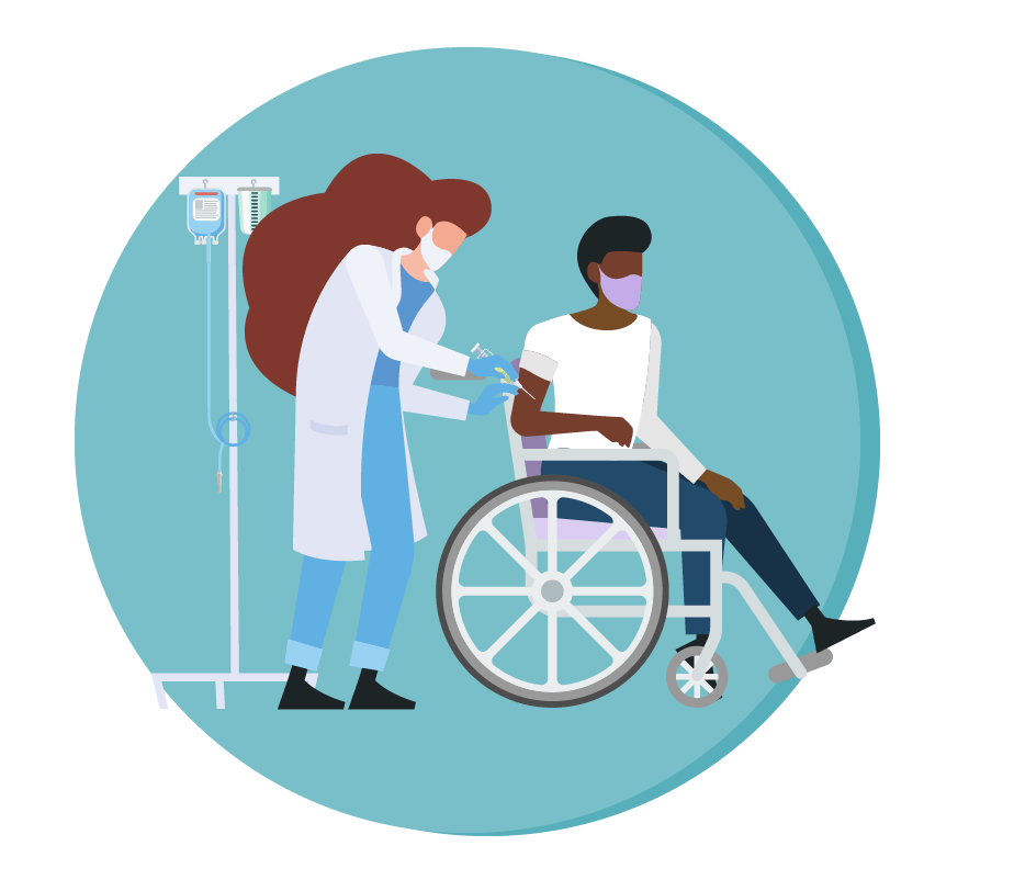 Doctor injecting medicine into patient in wheelchair